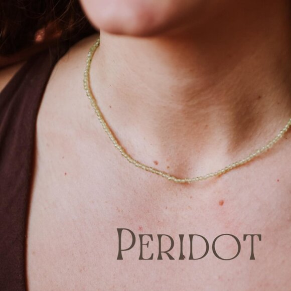 Peridot Beaded Necklace August Birthstone Waterproof Gold Dainty Summer Jewelry - Picture 13 of 16